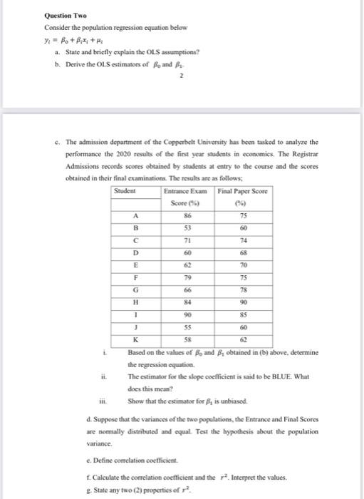 Solved Question Two Consider the population regression | Chegg.com