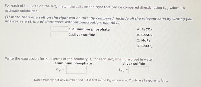 Solved For each of the salts on the left, match the salts on | Chegg.com