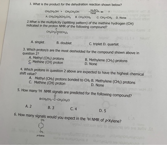 Solved 1. What is the product for the dehydration reaction | Chegg.com