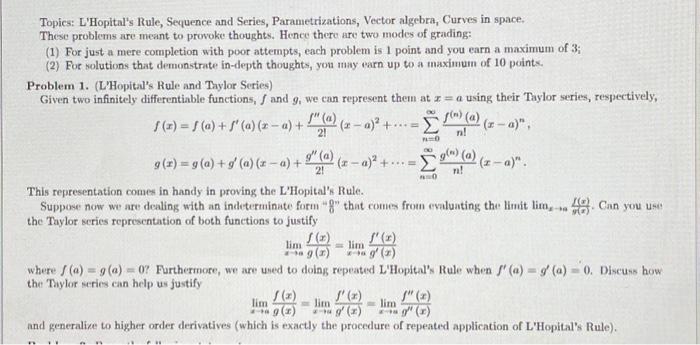 Solved Topics: L'Hopital's Rule, Sequence and Series, | Chegg.com