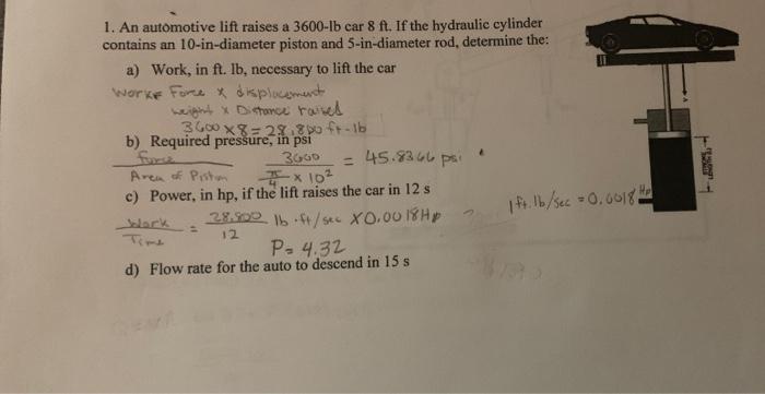 Solved 1. An Automotive Lift Raises A 3600-lb Car 8 Ft. If | Chegg.com