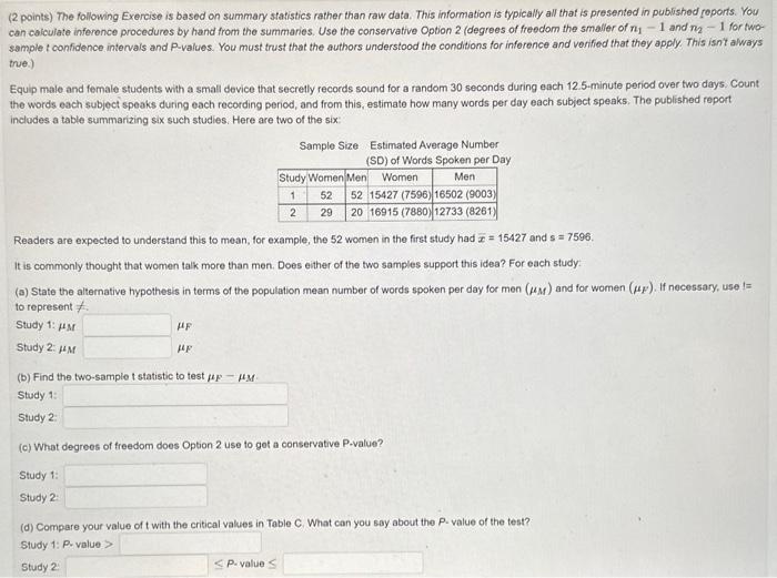 Solved (2 points) The following Exercise is based on summary | Chegg.com