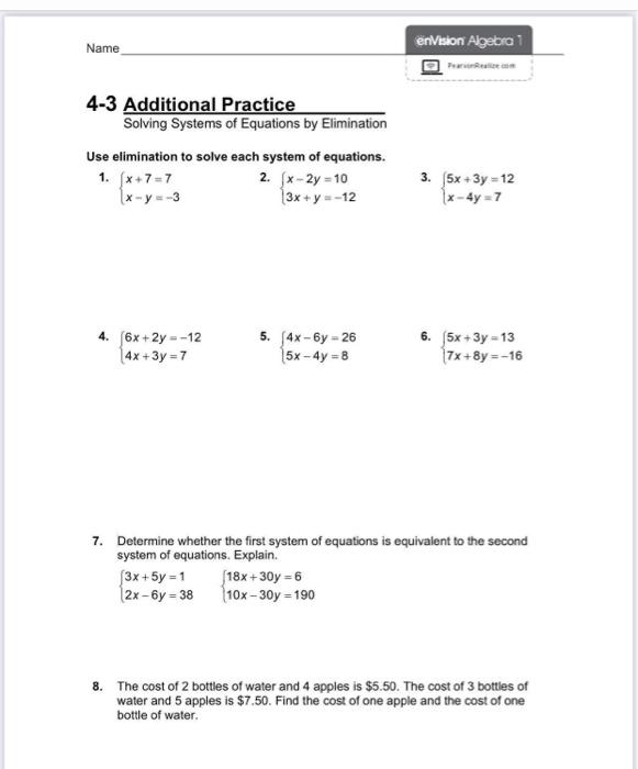 solved envision algebra name 4 3 additional practice solving chegg com