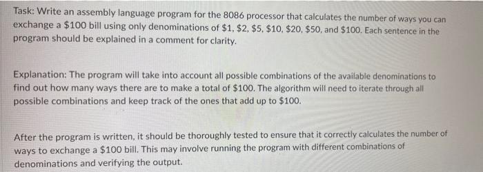 Solved Task: Write An Assembly Language Program For The 8086 | Chegg.com