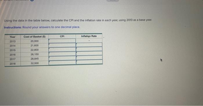 Using the data in the table below, calculate the CPI and the inflation rate in each year, using 2013 as a base year. Instruct