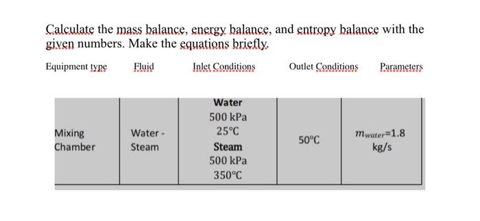 Calculate the mass balance, energy balance, and | Chegg.com