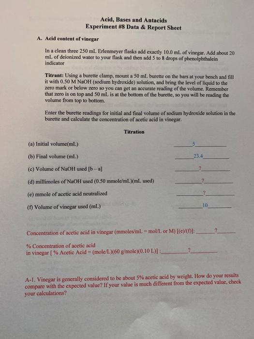 Solved Acid, Bases and Antacids Experiment 8 Data & Report