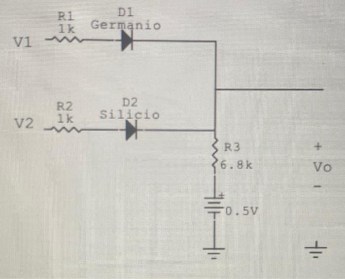 V1 V2 R1 R2 1k D1 Germanio D2 Silicio R3 6.8k 0.5V + Vo 411