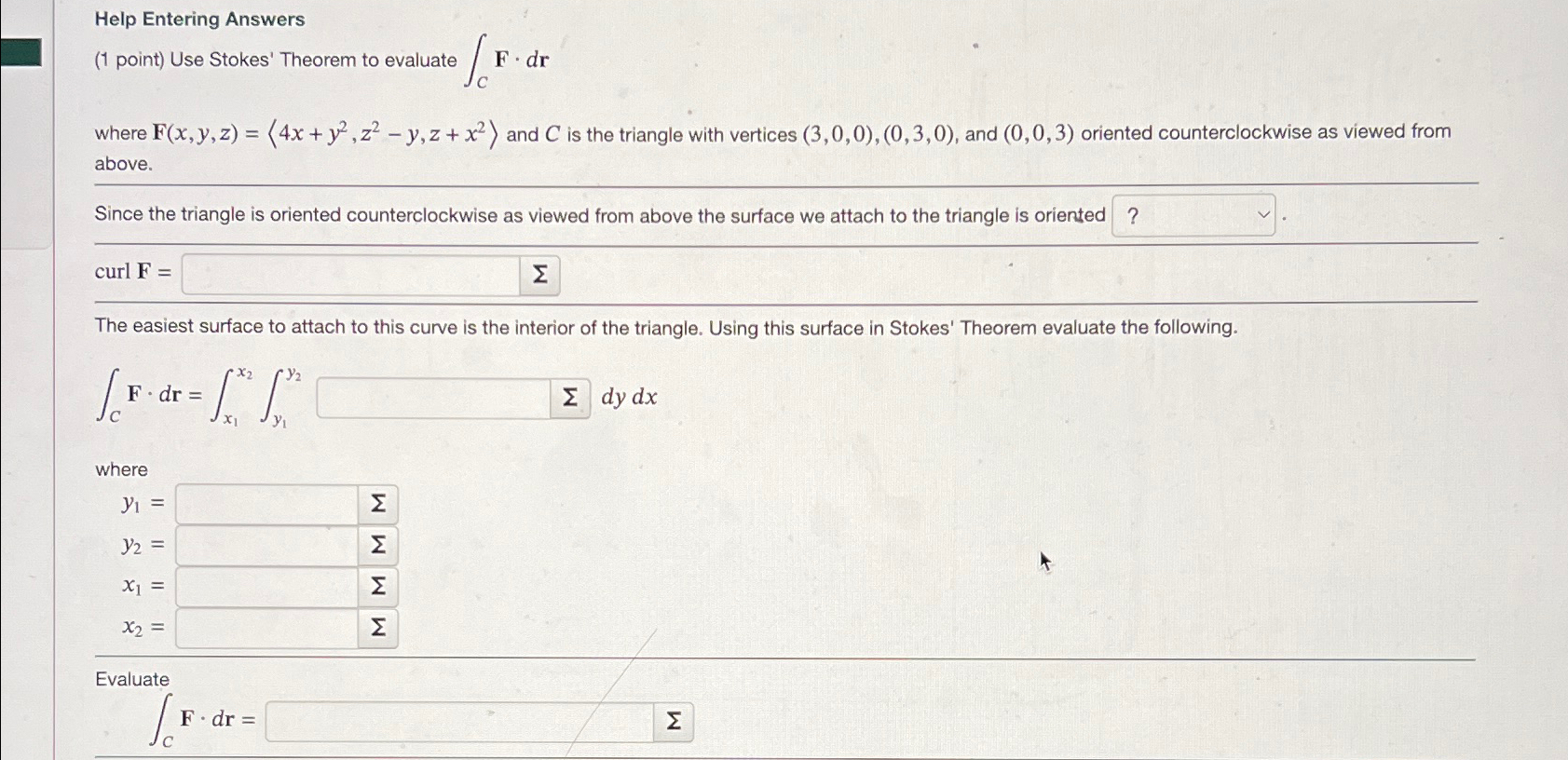 Solved Help Entering Answers(1 ﻿point) ﻿Use Stokes' Theorem | Chegg.com