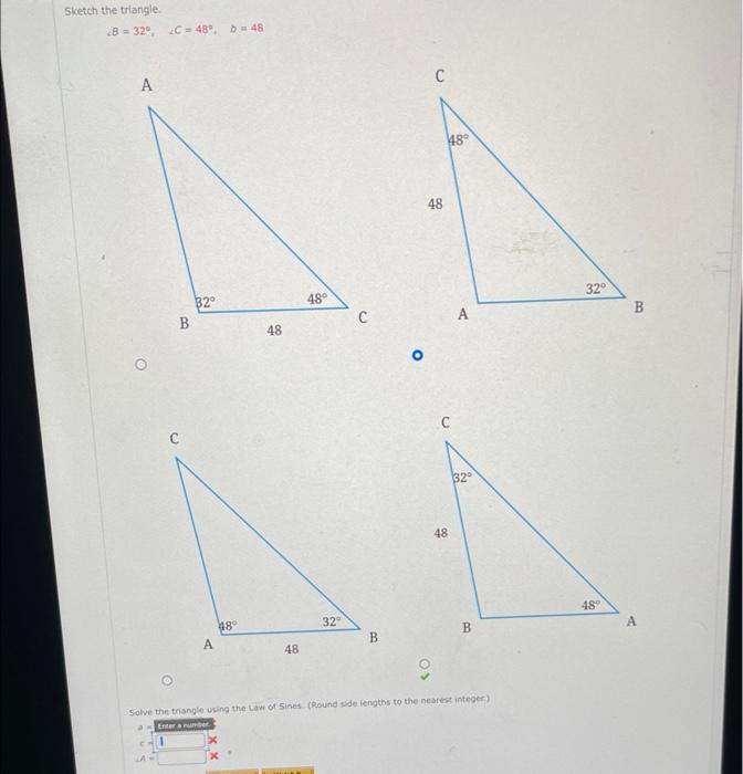 Solved ∠B=32∘,2C=48∘,b=48 | Chegg.com