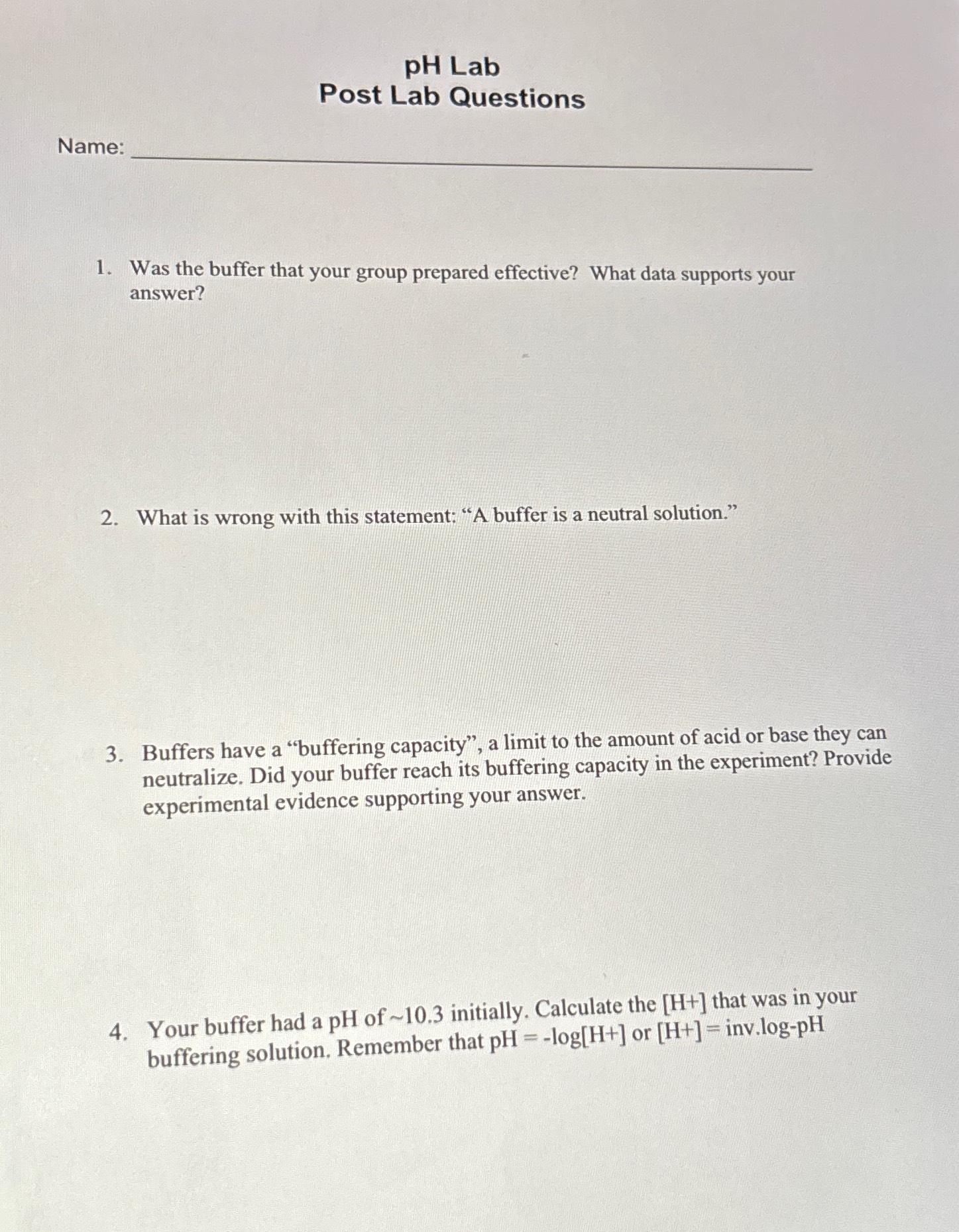 PH Lab Post Lab Questions 1 Was The Buffer That Chegg Com   Image