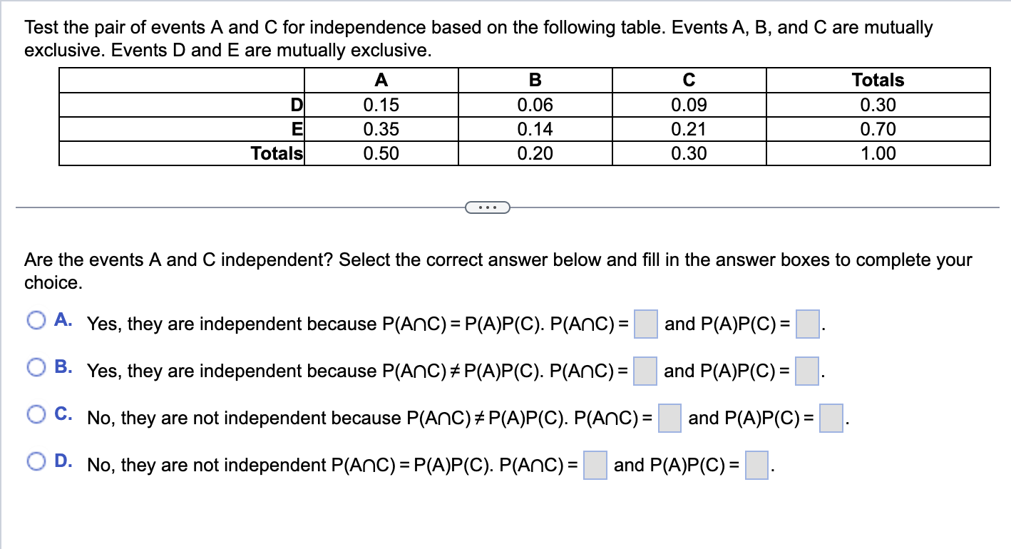 Solved Test The Pair Of Events A And C ﻿for Independence | Chegg.com