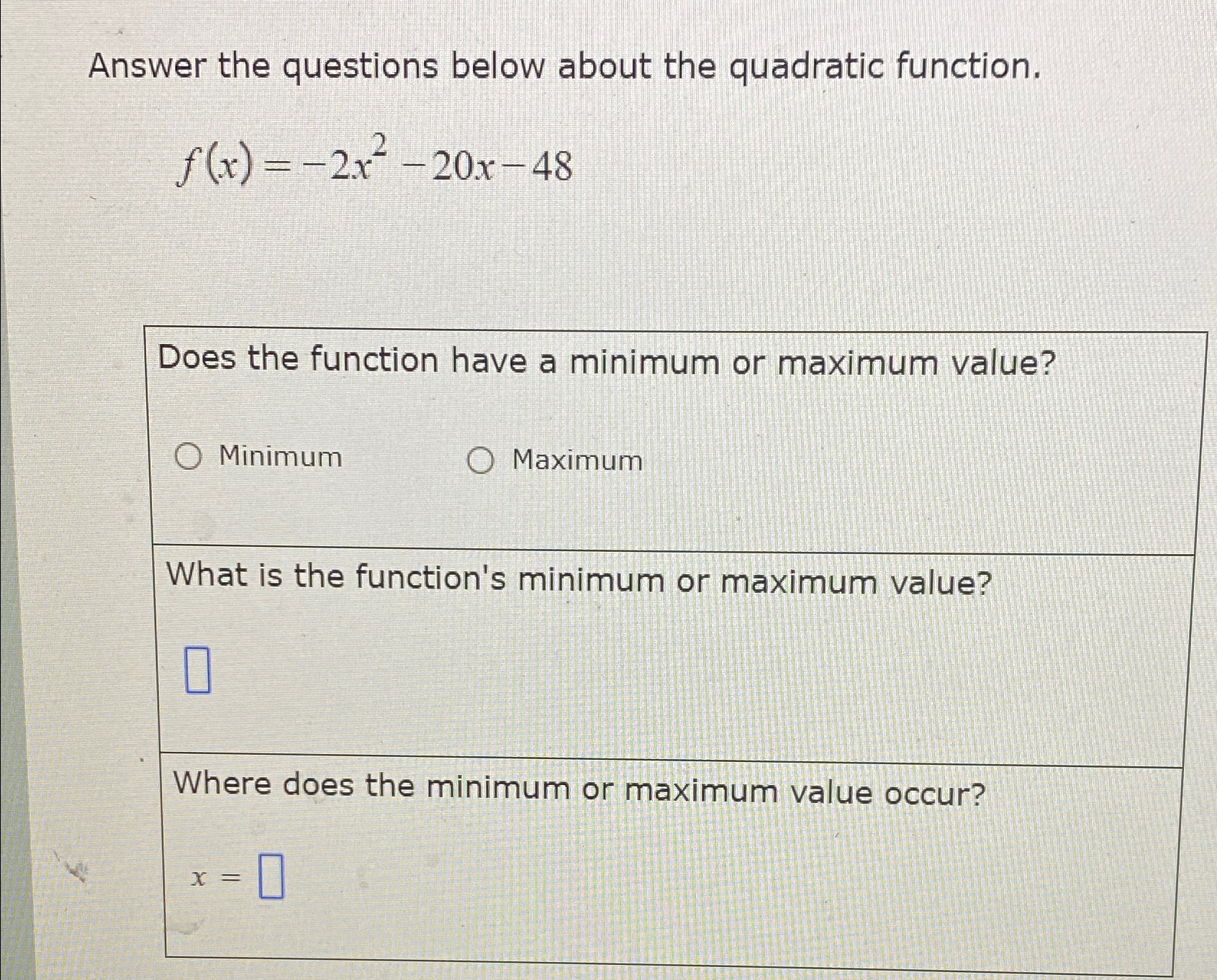 Solved Answer the questions below about the quadratic | Chegg.com