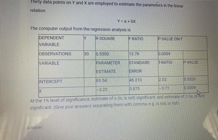 Solved Thirty data points on Y and X are employed to | Chegg.com