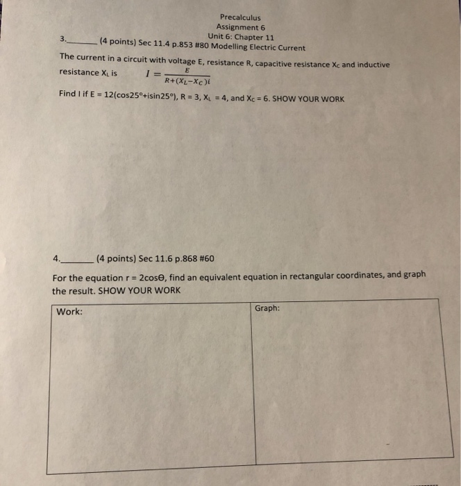 Solved Precalculus Assignment 6 Unit 6: Chapter 11 3. (4 | Chegg.com