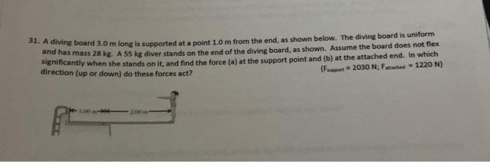 Solved 31. A diving board 3.0 m long is supported at a point | Chegg.com
