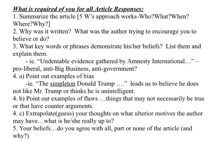 What is required of you for all Article Responses: 1. | Chegg.com