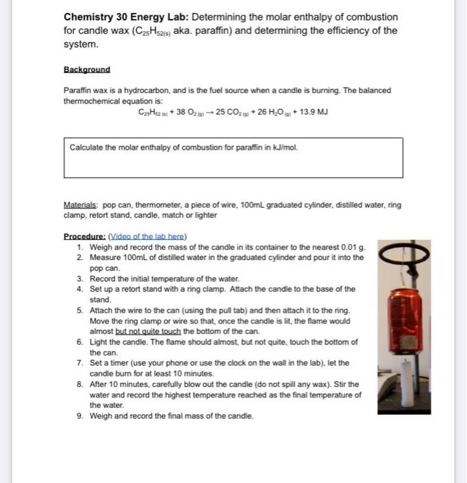 Chemistry 30 Energy Lab Determining the molar