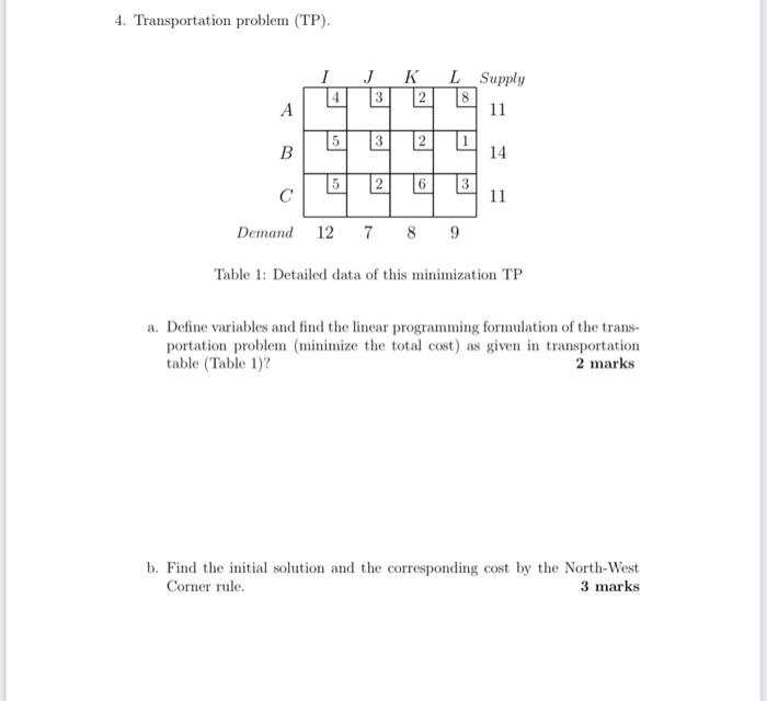 Solved 4. Transportation problem (TP). 1 J K 3 2 L_Supply 8 | Chegg.com