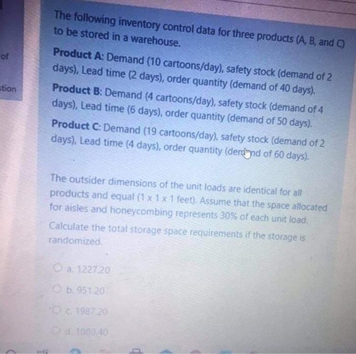 Solved: The Following Inventory Control Data For Three Pro ...