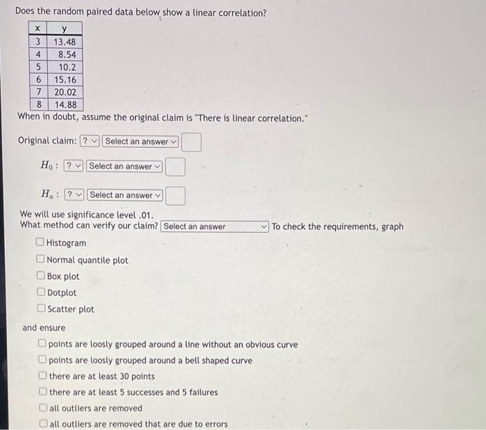 Solved Does the random paired data below show a linear | Chegg.com