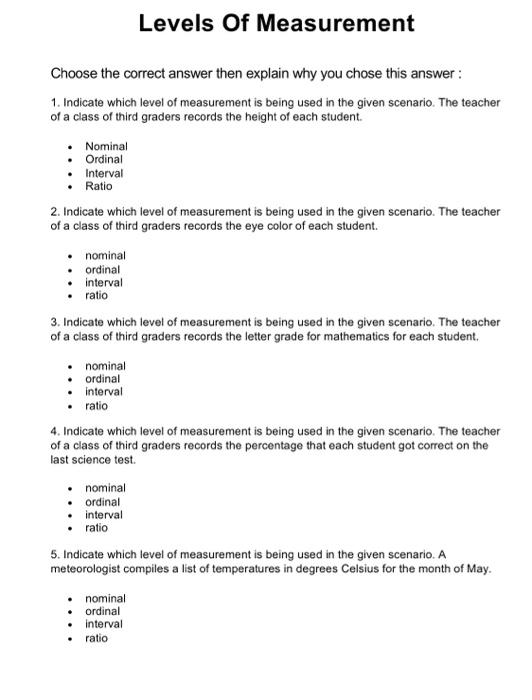 Solved Levels Of Measurement Choose the correct answer then 