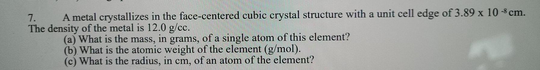 Solved A metal crystallizes in the face-centered cubic | Chegg.com