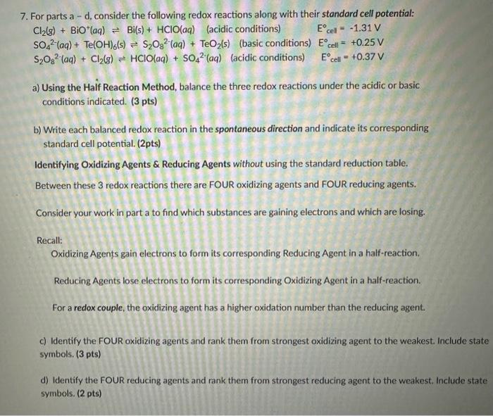 Solved 7. For parts a - d, consider the following redox | Chegg.com