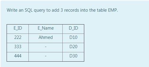 Solved Write an SQL query to add 3 records into the table | Chegg.com