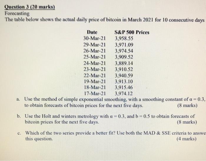 Solved Question 3 (20 marks) Forecasting The table below | Chegg.com