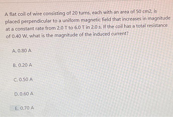 Solved A flat coil of wire consisting of 20 turns, each with | Chegg.com