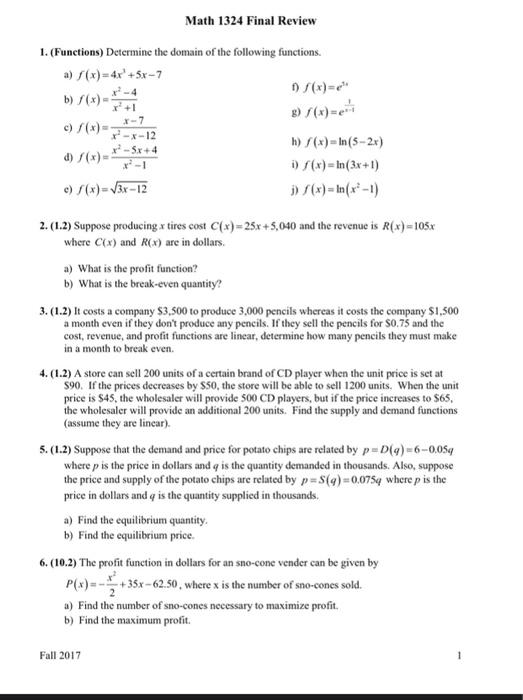 Solved Math 1324 Final Review 1. (Functions) Determine the | Chegg.com