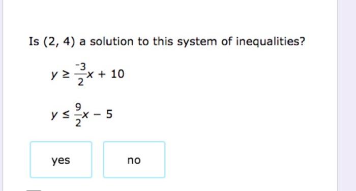 Solved Is (2, 4) a solution to this system of inequalities? | Chegg.com