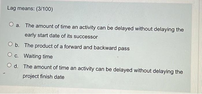 Solved Lag Means 3 100 A The Amount Of Time An Activity Chegg