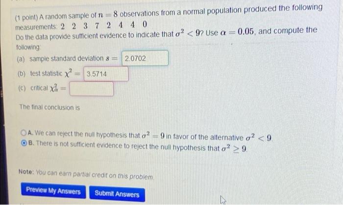 Solved (1 point) A random sample of n = 8 observations from | Chegg.com