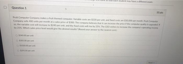 Solved Umat each student may have a different exam Question | Chegg.com