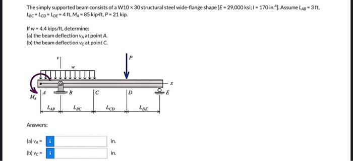 Solved The simply supported beam consists of a W10 x 30 | Chegg.com