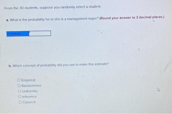 Solved A survey of 30 students at the Wall College of | Chegg.com