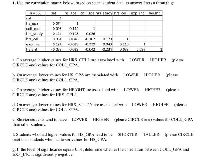 Solved 1. Use the correlation matrix below, based on select | Chegg.com