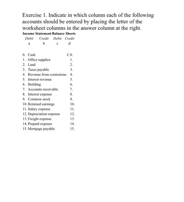 Solved Exercise 1. Indicate in which column each of the