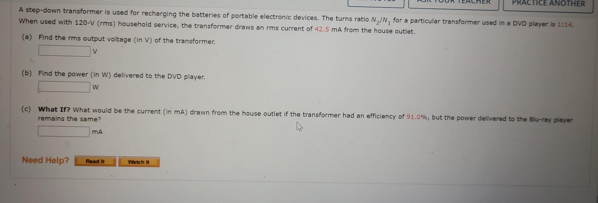 Solved A Step-down Transformer Is Used For Recharging The | Chegg.com