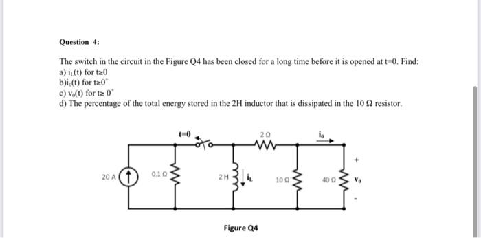 Solved The switch in the circuit in the Figure Q4 has been | Chegg.com