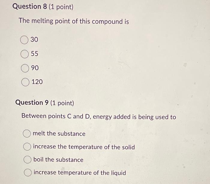 The melting point of this compound is
30
55
90
120
Question 9 (1 point)
Between points \( C \) and \( D \), energy added is b