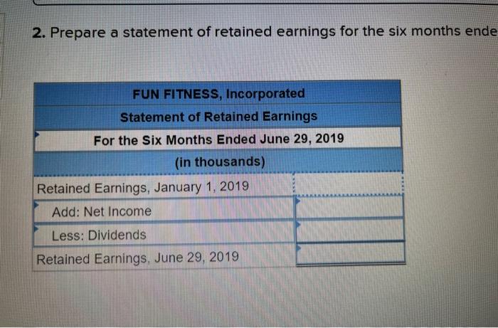 2. Prepare a statement of retained earnings for the six months ende
FUN FITNESS, Incorporated
Statement of Retained Earnings
