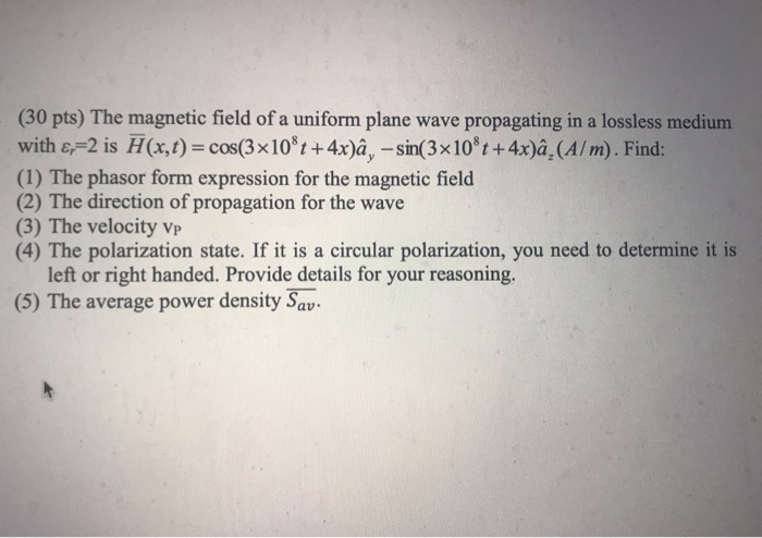 30 Pts The Magnetic Field Of A Uniform Plane Wave Chegg Com
