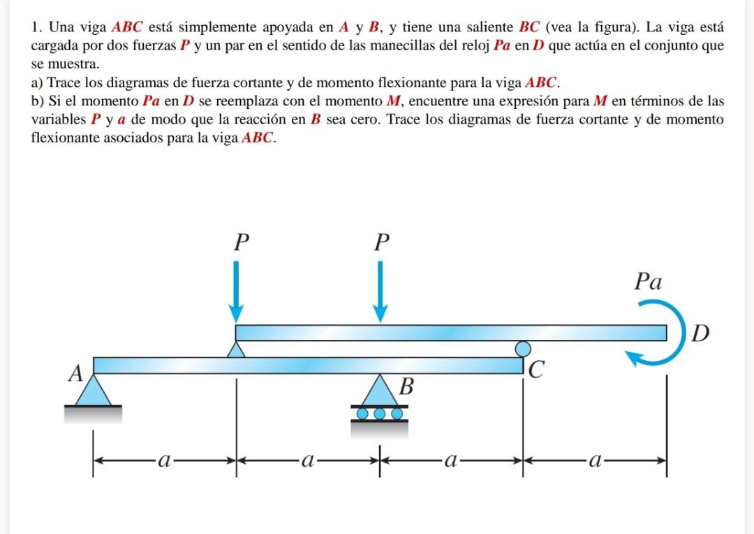 1. Una viga \( A B C \) está simplemente apoyada en \( A \) y \( B \), y tiene una saliente \( B C \) (vea la figura). La vig