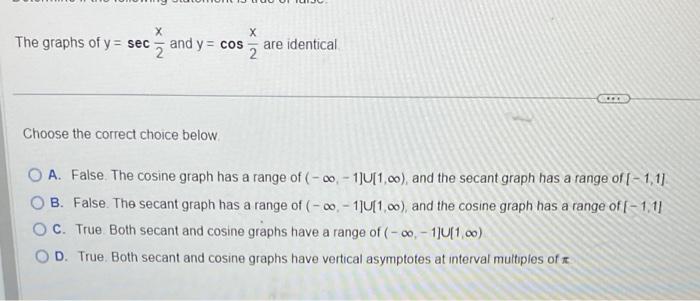 Solved The Graphs Of Y Sec2x And Y Cos2x Are Identical