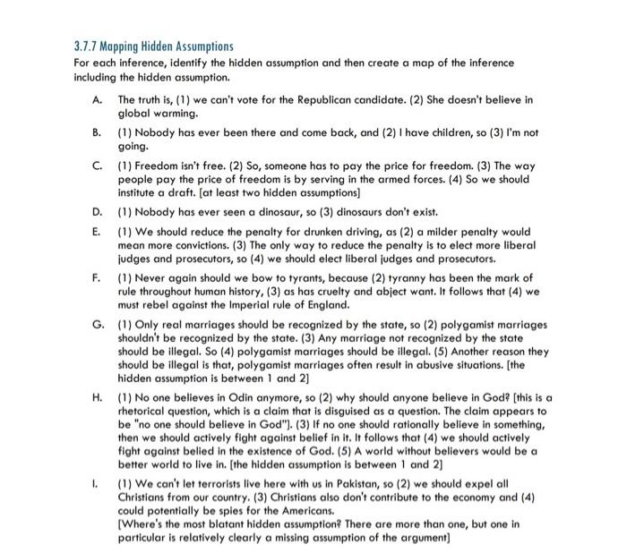 3.7.7 Mapping Hidden Assumptions For each inference, | Chegg.com