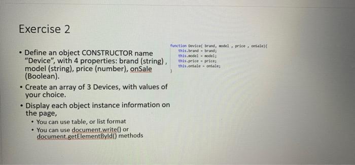 Solved Exercise 2 • Define an object CONSTRUCTOR name | Chegg.com