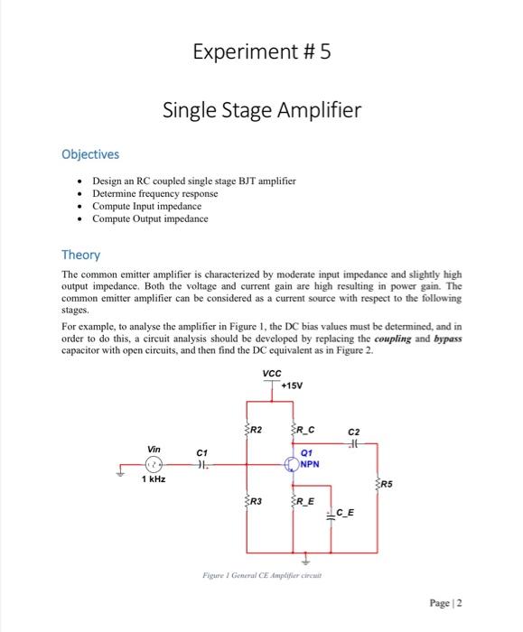Experiment 5 Single Stage Amplifier Objectives